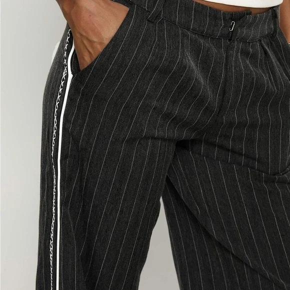 Princess Polly Charcoal Pinstripe Wide Leg Pants - Picture 3 of 4